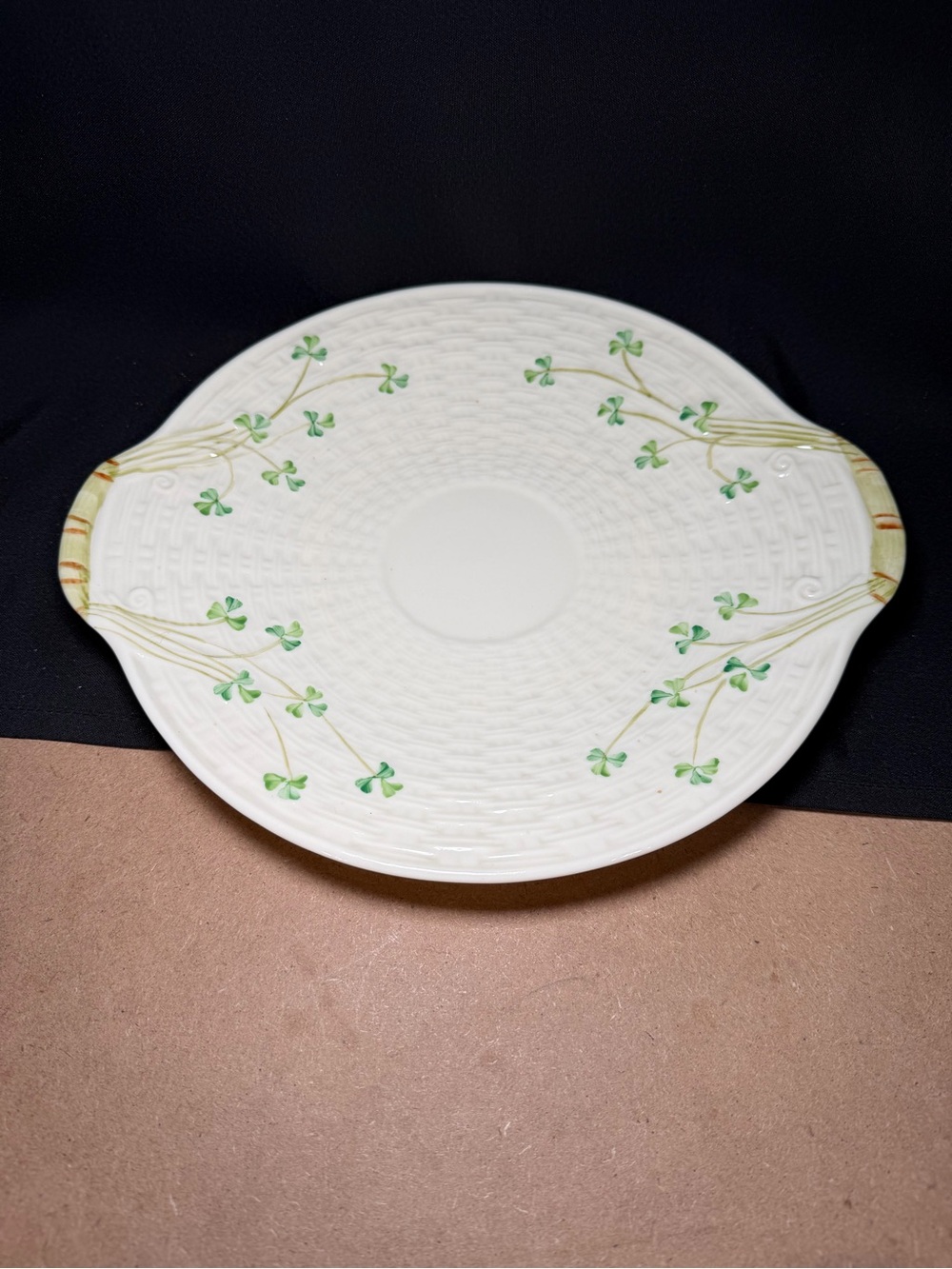 Vintage Belleek Shamrock Basket Weave Round Cake Plate Serving Tray Gold Mark